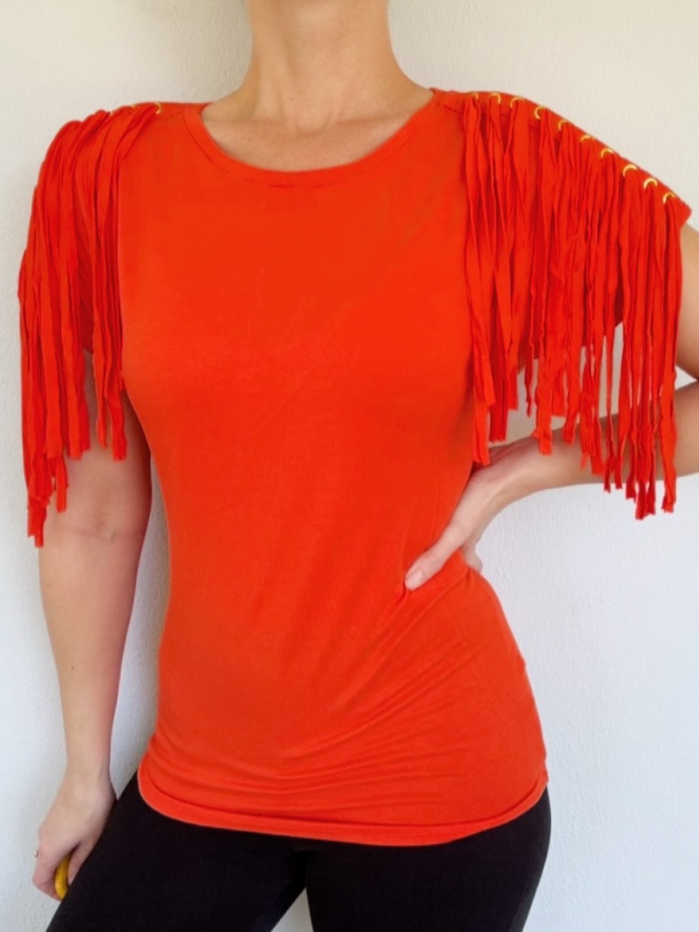 Michael KORS bright orange tassel fringe shoulder trim stretch blouse medium